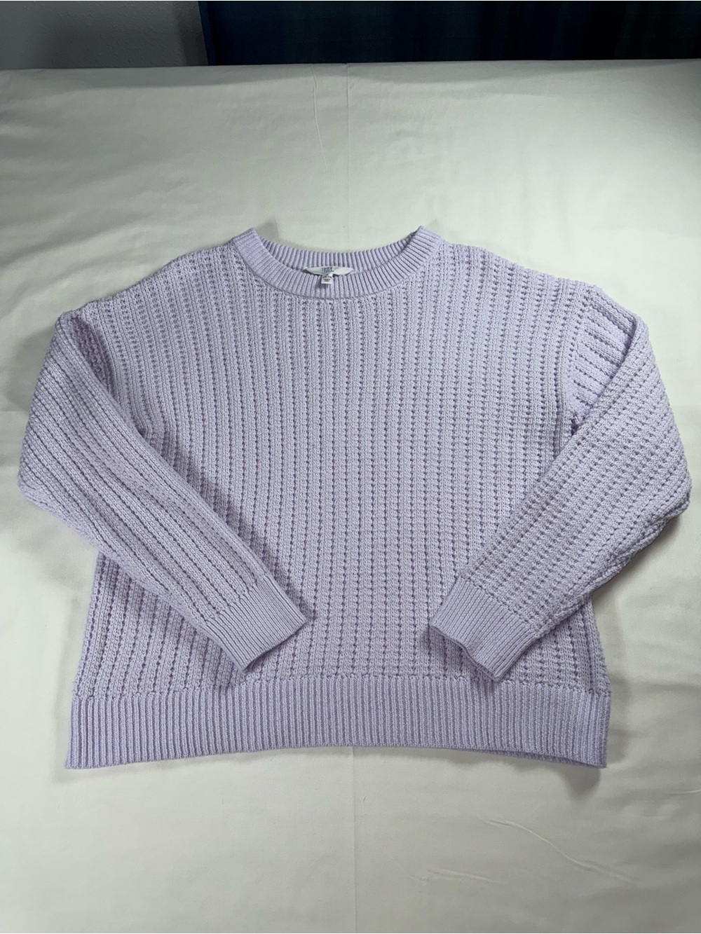 Time and Tru Womenโs L Lavender Lilac Open Knit Crewneck Sweater 12-14